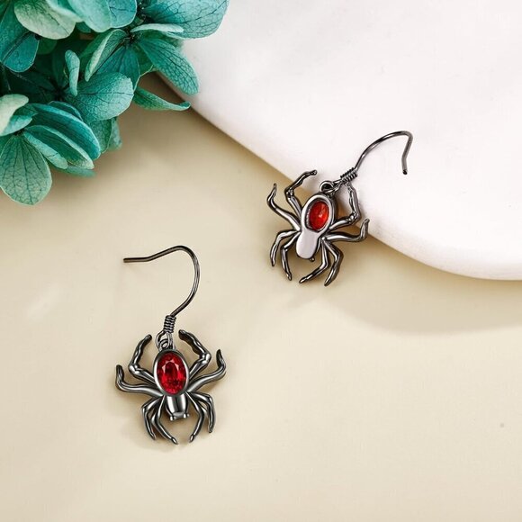 Women Sliver & Red Spider Sterling Gothic Halloween Dangle Earrings Jewelry - Picture 3 of 6